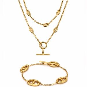 Gold Pig Nose Multilayer Necklace Bracelet Set Stainless Steel Gold Plated